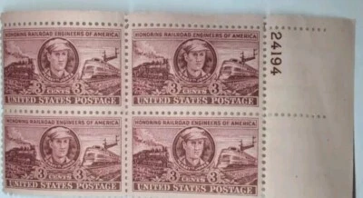 9368) 1: Plate Block 3¢ Honoring Railroad Engineers of America US Postage Stamp - Image 1 of 2