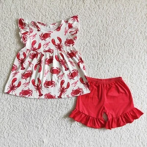 Conjunto boutique de verano para niñas pequeñas cangrejo cangrejo cangrejo y conjunto de pantalones cortos rojos - Imagen 1 de 1
