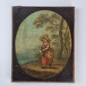 Antikes 19. Jahrhundert Öl auf Leinwand Gemälde Mädchen in Strohhut trägt eine Katze - Bild 1 von 12