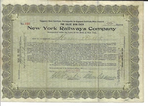 NEW YORK 1912 New York Railways Company Temporary Stock Certificate - Picture 1 of 2
