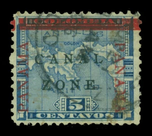 CANAL ZONE (US) 1904 Map of Panama Ovpt. 5c blue  "Canal" anitque type Sc# 12a U - Picture 1 of 2