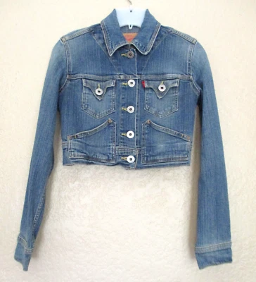 Винтажный Y2K Levi's джинсовой ткани классический водитель грузовика Jean куртка резинке укороченный S женщин - Изображение 1 из 4