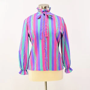 70s Vintage Womens L Multicolor Striped Ruffled & Tie Mock Neck Blouse Rhoda Lee - Picture 1 of 9