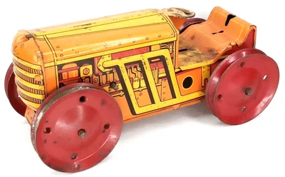 Vintage 1950s Louis Marx Tin Litho Wind Up Climbing Farm Tractor Yellow Orange - Image 1 of 4