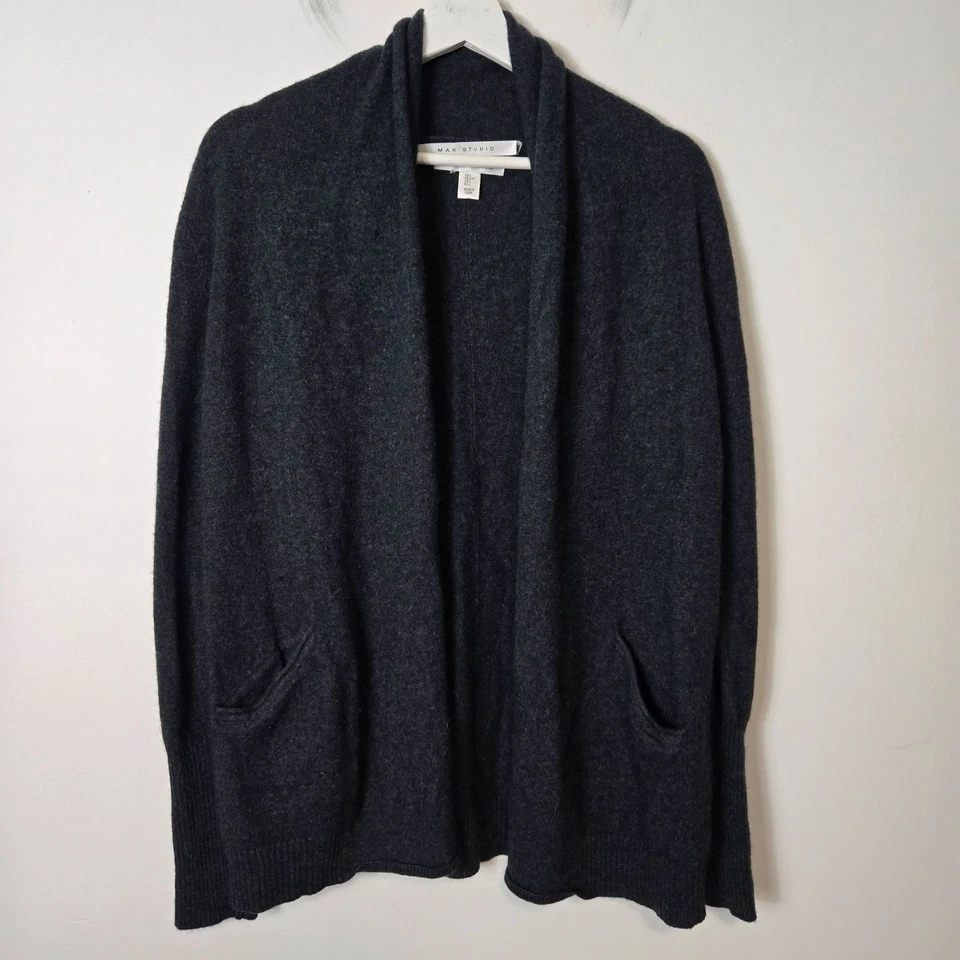 Max Studio Size L 100% 2 Ply Cashmere Charcoal Grey Open Front Cardigan Sweater - Image 1 of 4