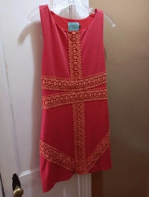 Judith March Peach/Coral Mini Dress with crochet detail  and full lined skirt. - Image 1 of 4