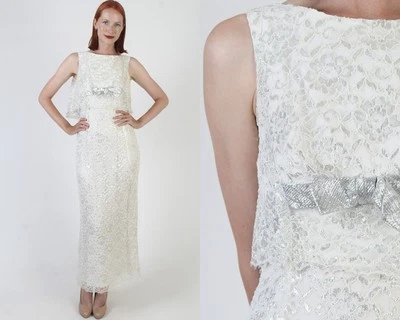 Vintage 60s Silver Metallic Lace Dress Long Wiggle Grey Bow Mid Century Gown Foto 1 de 4