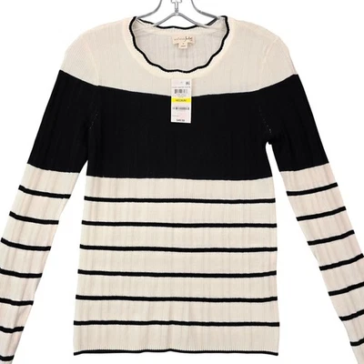 Maison Jules Cream Sweater NEW $49 Preppy Black Stripe Long Sleeves Knit Women M - Image 1 of 4