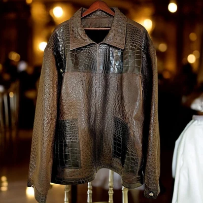 Men’s Brown Crocodile Print Leather Jacket, Textured Patchwork Handmade Coat - Image 1 of 3