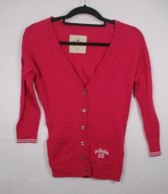 Hollister Small V-Neck 3/4 Sleeve Varsity-Style Cardigan Embroidered Logo Pocket - Image 1 of 4