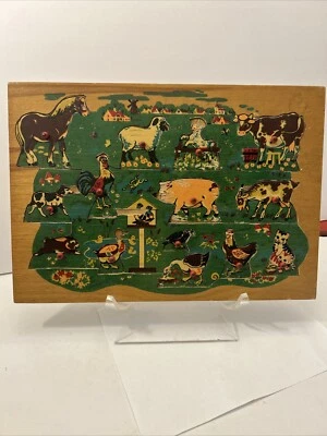 Vintage Simplex Wooden Peg Puzzle Farm Animals Wood Holland 1950s 14 Pieces - Image 1 of 4