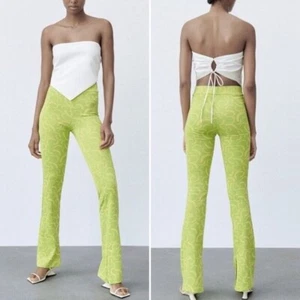 Zara yellow orange jacquard macaroni flare pull on pants L - Picture 1 of 13