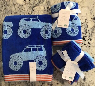 Conjunto de 7 peças de toalha/toalha de banho e mão Caro Kids Monster Trucks 100% algodão novo com etiquetas - Imagem 1 de 4