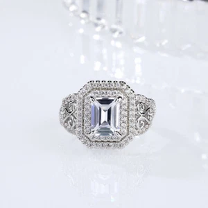 2.30Ct Emerald Cut Real Moissanite Halo Engagement Ring 14K White Gold Plated - Picture 1 of 5