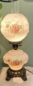 Vintage GWTW Hurricane Parlor 3 Way Lamp ~ Milk Glass With 3D Roses 19" T Works! - Picture 1 of 15