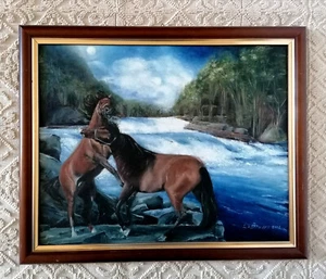 Quadro a olio dipinto mano pittura su tela paesaggio con cavalli fiume blu arte - Foto 1 di 12