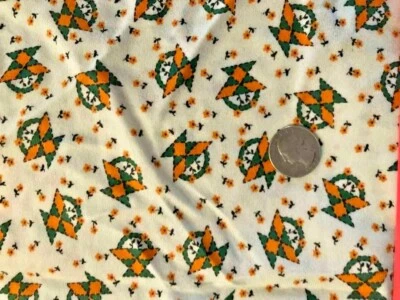 1970`s Brushed Flannel Fabric  Baskets and Flowers Orange  & Green 54" X 17" - Image 1 of 3