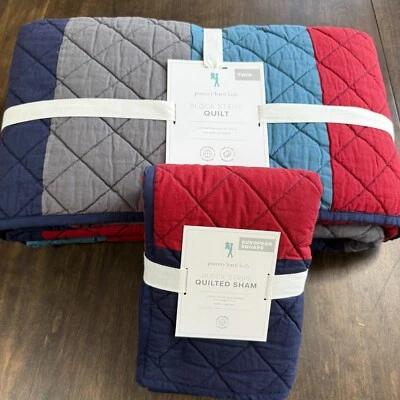 POTTERY BARN KIDS BLOCK STRIPE TWIN QUILT & EURO SHAM SET ~ NAVY, RED, BLUE - Image 1 of 4