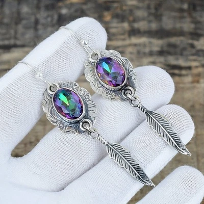 Rainbow Mystic Topaz Gemstone 925 Sterling Silver Jewelry Earring Birthday Gift - Image 1 of 4