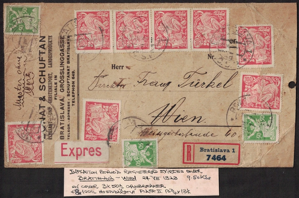 CHECOSLOVAQUIA, PERÍODO DE INFLACIÓN 1923, CUBIERTA REGISTRADA, BRATISLAVA A VIENA. Foto 1 de 1