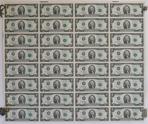 Uncut Sheet of 32 Series 1995 $2 F Federal Reserve Notes Atlanta, GA BEP 05429 - Picture 1 of 4