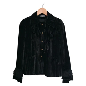 Blazer donna vintage in velluto nero con maniche a volant made in France taglia S 36 - Foto 1 di 13