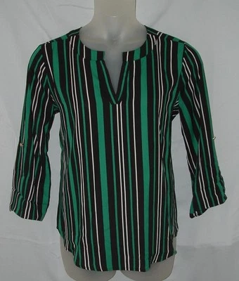 Green & Black Striped Sz Large Casual or Dress Semi Sheer Roomy High Low Shirt - Image 1 of 3