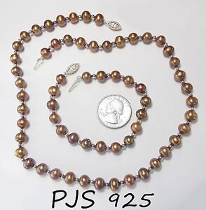 Signed PJS 925 Sterling Silver Chocolate Pearl Necklace/Bracelet Set 18", 7.5"