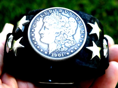 Bison leather cuff adjustable Bracelet authentic  silver Morgan one dollar coin - Image 1 of 4