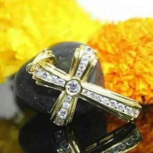 2CT Round Lab Created Diamond Men's Fancy Cross Pendant 14K Yellow Gold Plated - Picture 1 of 10
