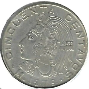 1979 Mexico Circulated Aztec Emperor Cuauhtémoc Fifty Centavos Coin - Picture 1 of 2