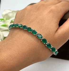 Bracciale Tennis Fatto a Mano Onice Verde 5X7 MM Taglio Ovale Argento Sterling 925 - Foto 1 di 11