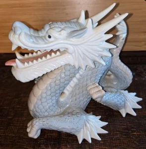 Foo Dragon Figurine Yoshimi K Porcelain Gray White Sphere Japan 5.75"T Vintage - Picture 1 of 5