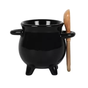 Black Witches Cauldron Egg Cup with Broom Spoon Gothic Pagan Halloween Gift - Picture 1 of 4