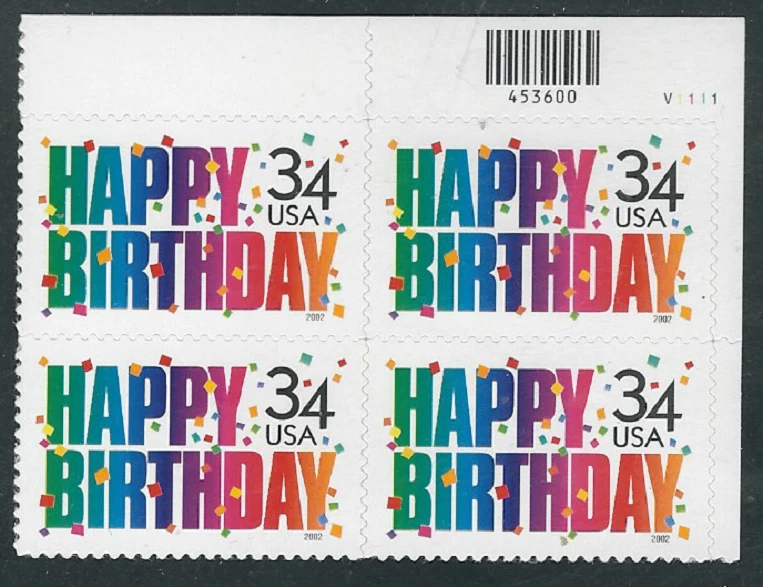 Scott  #3558...34 Cent...Happy Birthday... Plate Block - Image 1 of 1