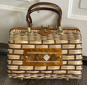 Vtg Lucite Woven Wicker Purse Patti Original Hong Kong Clam Shell MCM Handbag - Picture 1 of 19