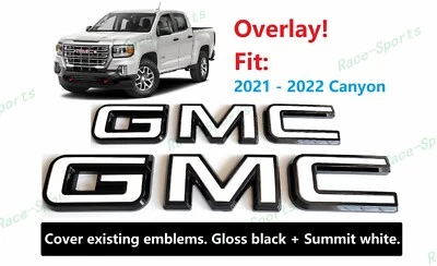 SUPERPOSICIÓN Delantero Trasero Brillo Negro Blanco GMC Superposición Emblema Insignia 2021-2022 Canyon Foto 1 de 4