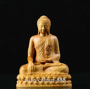 4" China Boxwood Wood Carving Thailand Ayutthaya Maitreya Buddha Buddhism Statue - Picture 1 of 8