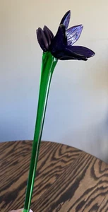 Vintage MCM Blown Art Glass Long Green Stem Purple Flower 19" - Picture 1 of 8