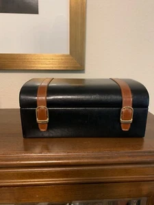 VTG FAUX BLACK LEATHER STORAGE BOX WITH SNAP STRAPS - Picture 1 of 8