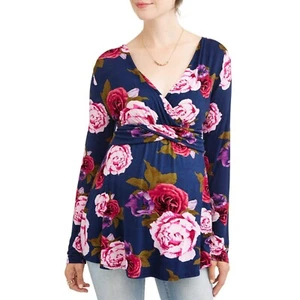 Liz Lange Maternity tunic blouse nursing top S small blue pink flowers long slve - Picture 1 of 7
