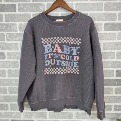 Pink Lily Baby It's Cold Outside Sweatshirt Womens XL Gray Waffle Knit Oversized - Image 1 of 4