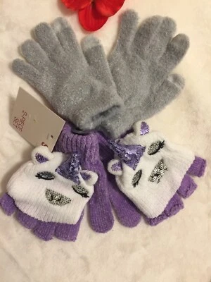 So Girls Unicorn Purple/Grey Gloves 2-piece Set Screen-Touch Winter New - Image 1 of 4