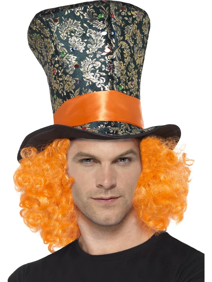 Black Multi Top Hat With Orange Hair Adults Hatter Fancy Dress Accessory - Image 1 of 1