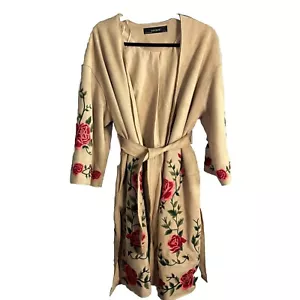 Zara Basic Womens Tan Embroidered Red Rose Floral Suede Kimono Coat Size XS Boho - Picture 1 of 9