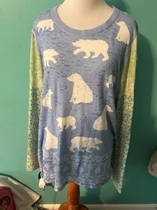 Whimsy Rose Polar Bear Sz M Waffle Thermal Knit Top Green Blue 3/4 Sleeves - Picture 1 of 5