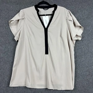 Bloomchic Shirt Womens 18-20 Beige Black V Neck Flutter Sleeve Blouse Plus - Picture 1 of 11