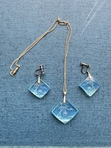 Vintage JAPAN Opal glass Intaglio Sterling Silver Necklace & Earrings Set - Picture 1 of 8