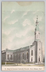 Iglesia Católica Alemana de Santa María Nueva Postal Trasera Dividida Color Albany Indiana - Imagen 1 de 2