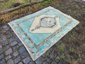 4x5 Vintage Handmade Turquoise Bedroom Area Rug Carpet, 52"x68" - Picture 1 of 13